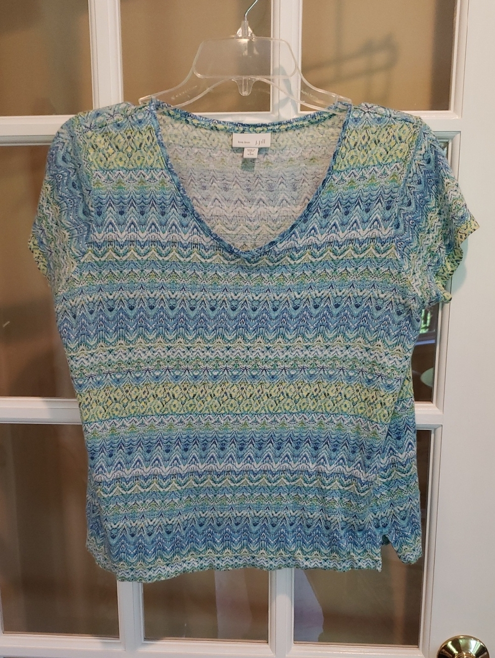 J.Jill V-neck Blues/Yellow love linen Short-sleeve Tee Size: SP